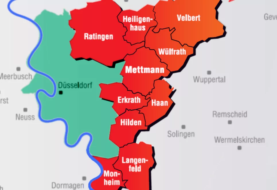 Landkarte zeigt die Städte Düsseldorf, Ratingen, Mettmann, Heiligenhaus, Velbert, Wülfrath und co.